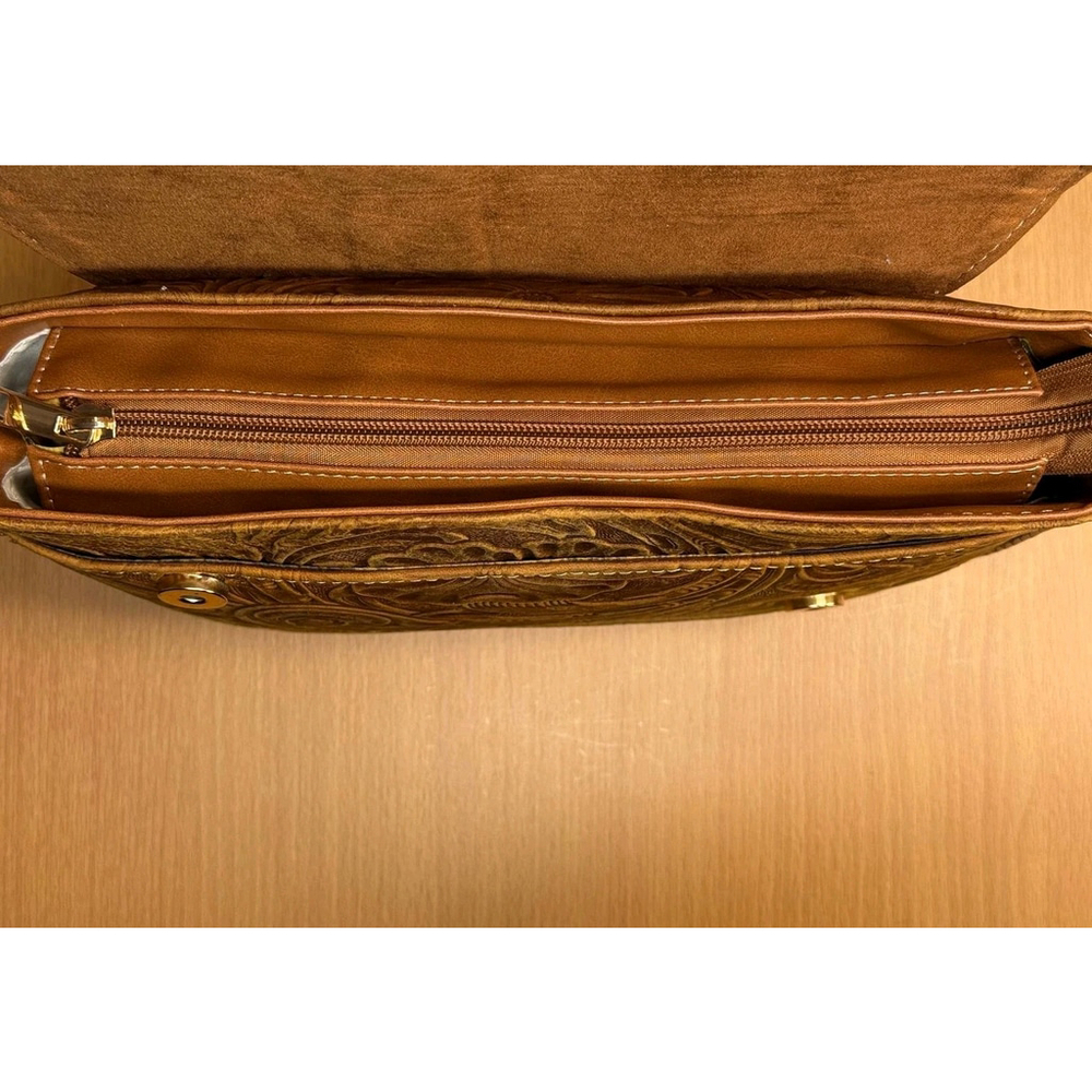 2 Straps Hazelnut Brown Embossed Tooled Artisan LEATHER Crossbody Purse Bolsa - Picture 13 of 16